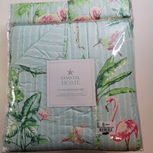 Coastal Home Flamingo Quilt Set Full Queen Aqua Tropical Beach Bedding